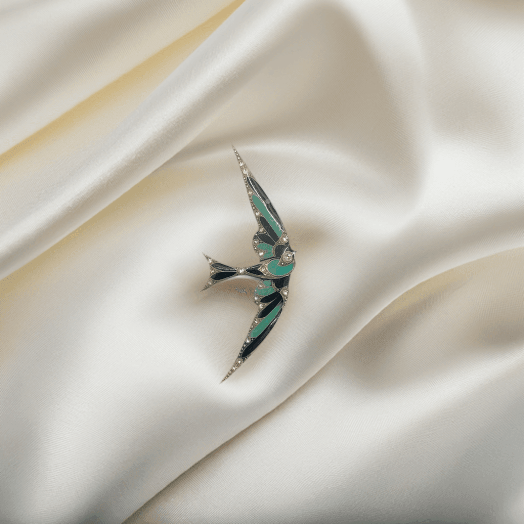 Large antique swallow silver & store enamel brooch