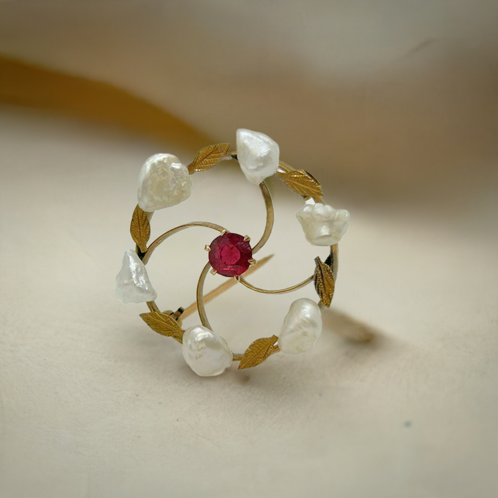 Antique Circle Brooch with Red Stone and Seed Pearls