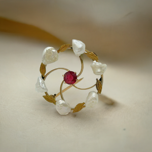 Antique Circle Brooch with Red Stone and Seed Pearls