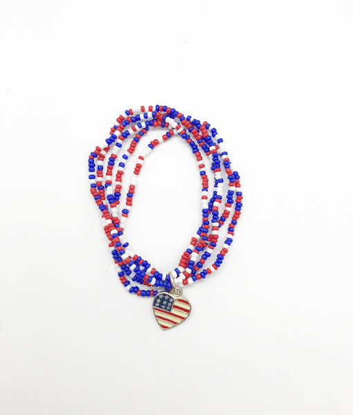 Vintage Red, White and Blue Beaded Bracelet with American Flag Charm