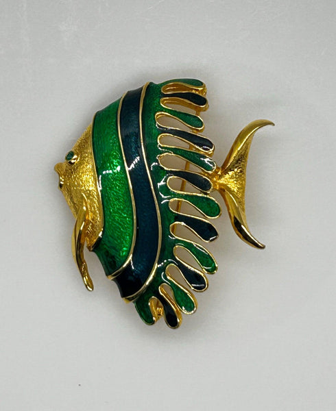 Modern Blue and Green Enamel Angel Fish Brooch