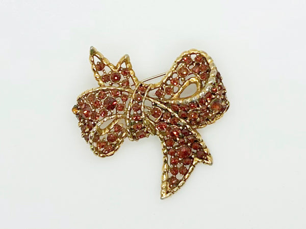 Vintage Amber and Golden Browns Rhinestone Bow Brooch