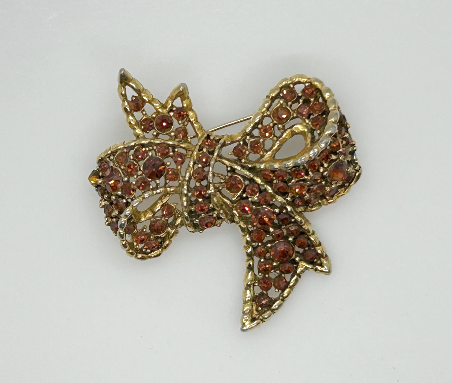 Vintage Amber and Golden Browns Rhinestone Bow Brooch