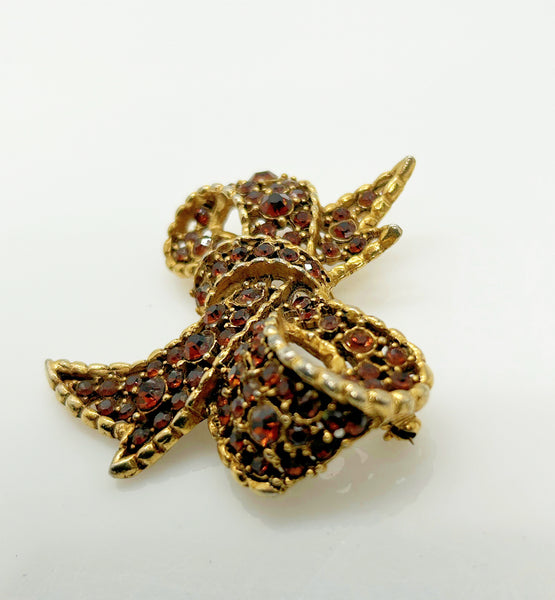 Vintage Amber and Golden Browns Rhinestone Bow Brooch