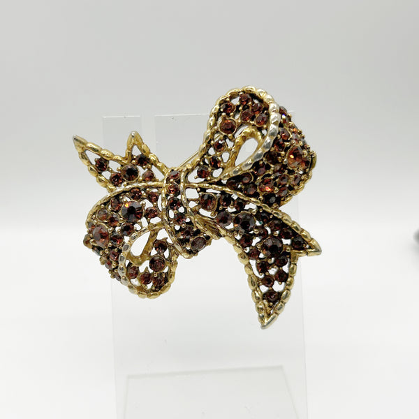 Vintage Amber and Golden Browns Rhinestone Bow Brooch