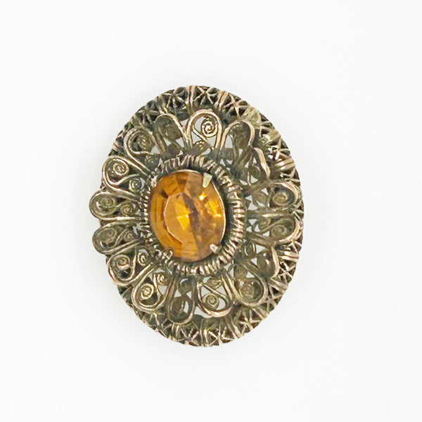 Vintage European Oval Floral Brooch with Amber Colored Stone