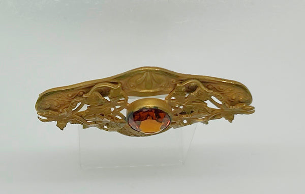 Antique Victorian Brooch Pin With Golden Large Stone and Leaf Detail