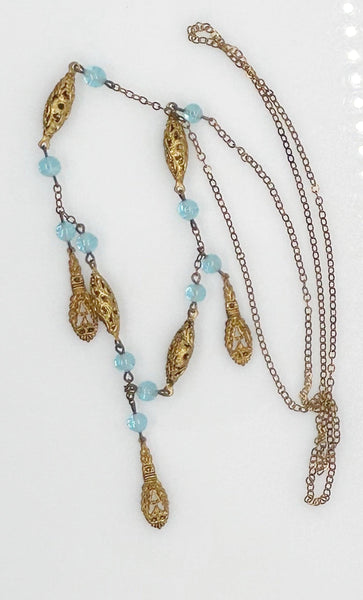 Antique 1920s Blue Glass and Filigree Bead Necklace - Lamoree’s Vintage