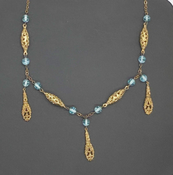 Antique 1920s Blue Glass and Filigree Bead Necklace - Lamoree’s Vintage