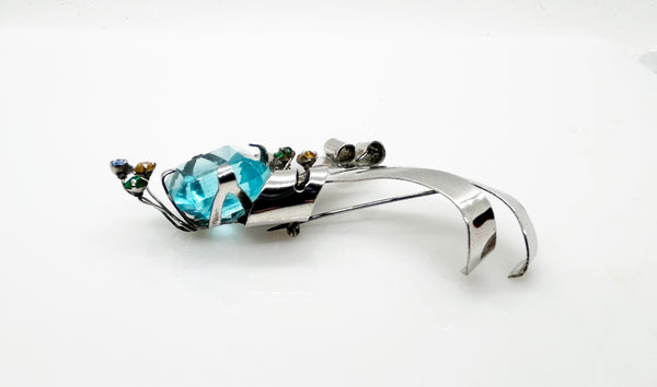 Vintage Sterling Aqua and Gold Stones Bow Brooch