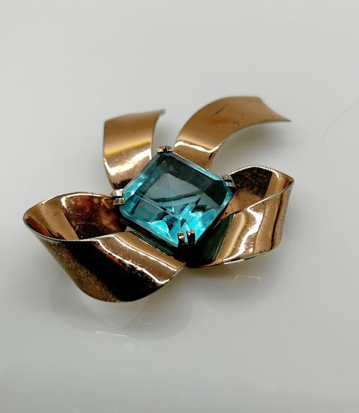 Vintage Sterling Bow Brooch with Large Square Aqua  Blue Stone