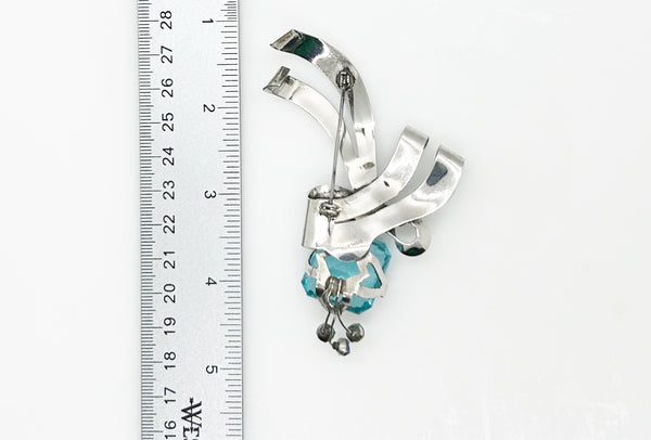 Vintage Sterling Aqua and Gold Stones Bow Brooch