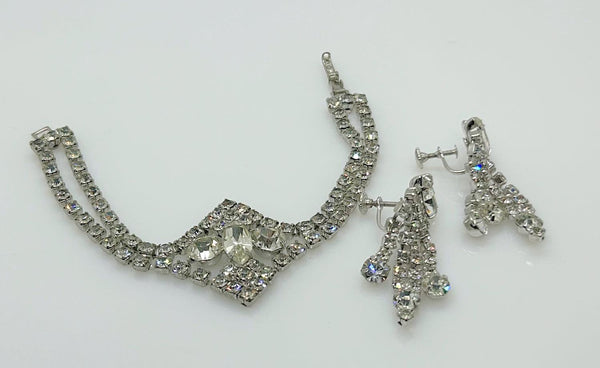 Vintage Art Deco Style Sparking Rhinestone Bracelet and Earrings