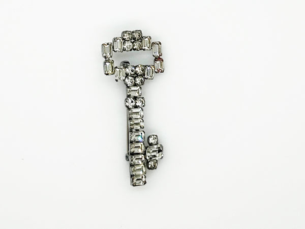 Vintage Rhinestone Key Brooch of Sparkling Emerald Cut Stones