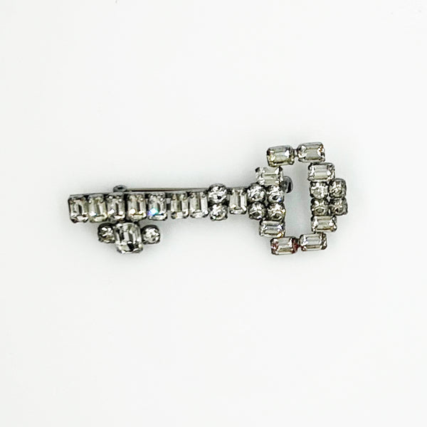 Vintage Rhinestone Key Brooch of Sparkling Emerald Cut Stones