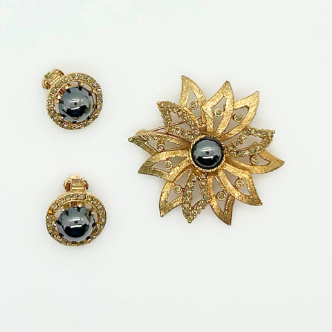 Vintage Flower Brooch and Earring Set with Luminous Black Glass Stones