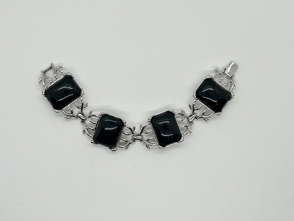 Striking Vintage Silver and Black Necklace and Bracelet Demi Parure