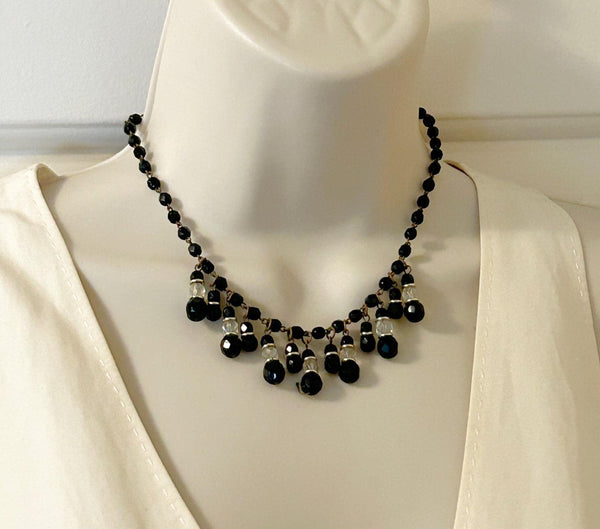 Vintage Bohemian Style German Black and Clear Bead Choker