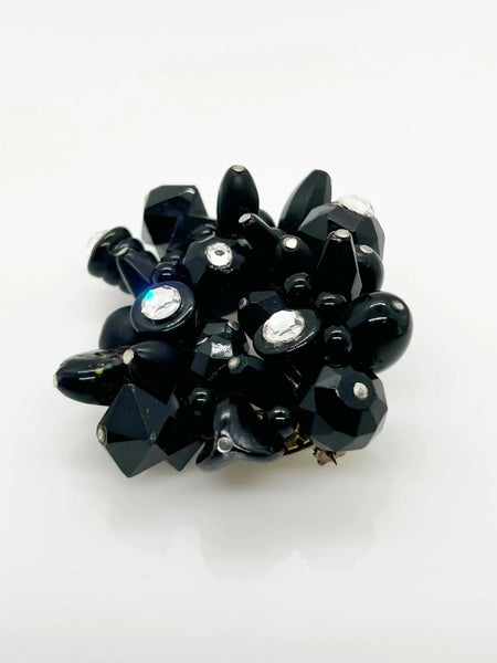 Handcrafted Vintage Black Beads and Rhinestones Pin