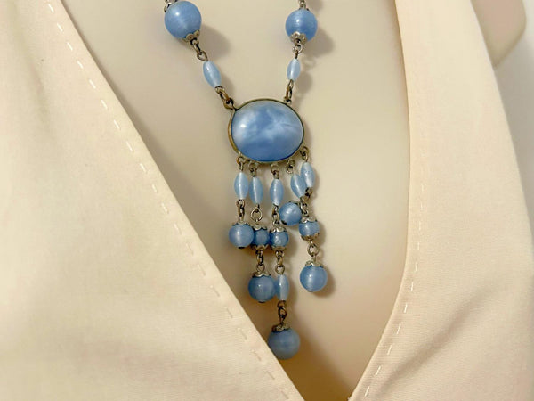 Czechoslovakian Sky Blue Art Glass Drop Necklace