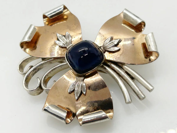 Vintage Abstract Floral Brooch with Blue Cabochon Center