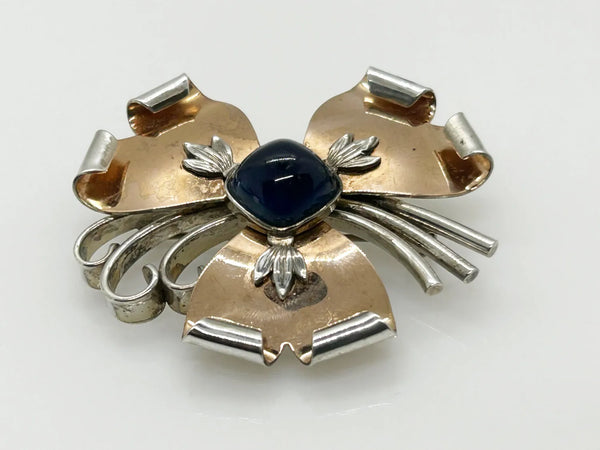 Vintage Abstract Floral Brooch with Blue Cabochon Center