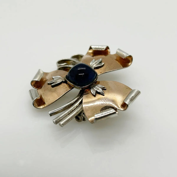 Vintage Abstract Floral Brooch with Blue Cabochon Center