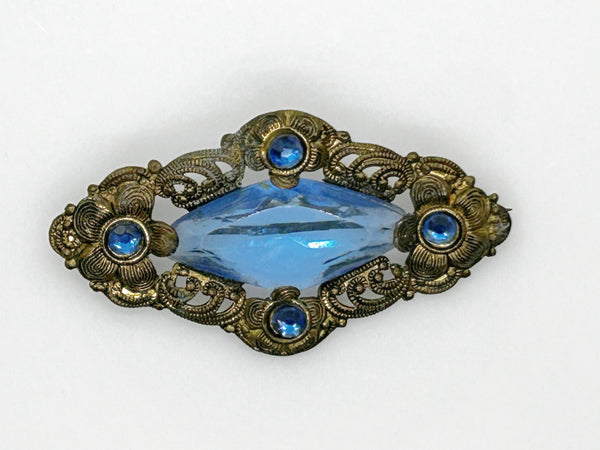 Vintage Filigree Victorian Brooch with Blue Stones