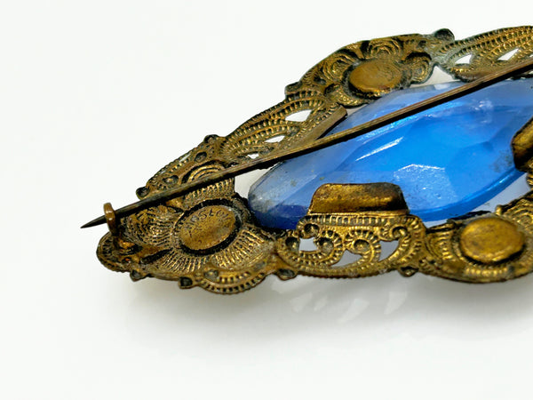 Vintage Filigree Victorian Brooch with Blue Stones