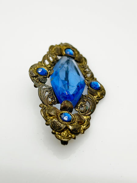 Vintage Filigree Victorian Brooch with Blue Stones