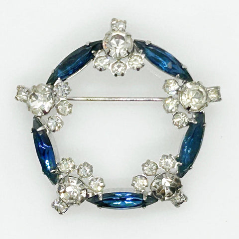 Vintage Deco Blue & Clear Rhinestone Circle Brooch