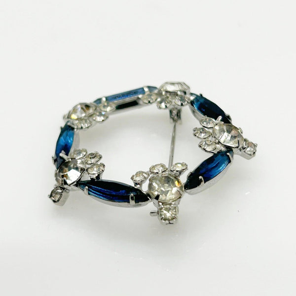 Vintage Deco Blue & Clear Rhinestone Circle Brooch