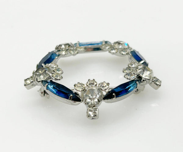 Vintage Deco Blue & Clear Rhinestone Circle Brooch