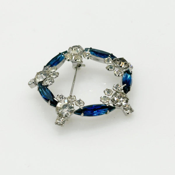 Vintage Deco Blue & Clear Rhinestone Circle Brooch