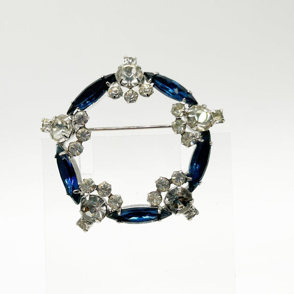 Vintage Deco Blue & Clear Rhinestone Circle Brooch