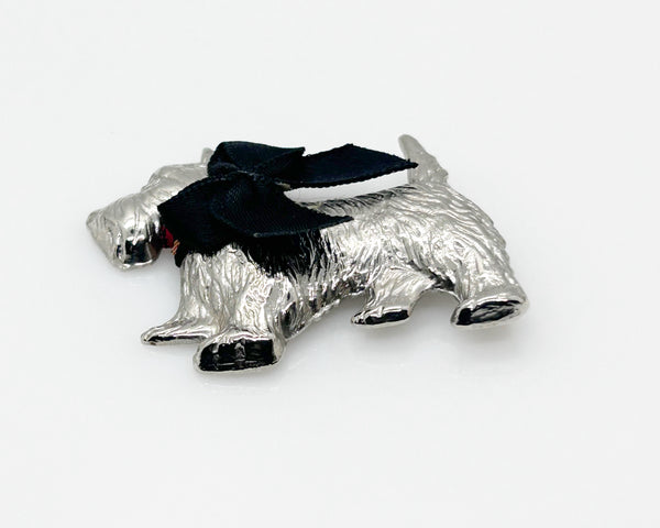 Dapper Terrier Dog Vintage Brooch with Black Bow