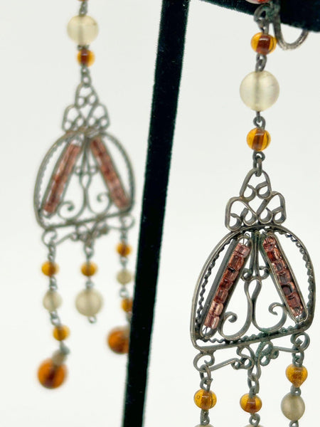 Bohemian Antique Amber Glass and Silver Tone Edwardian Drop Earrings - Lamoree’s Vintage