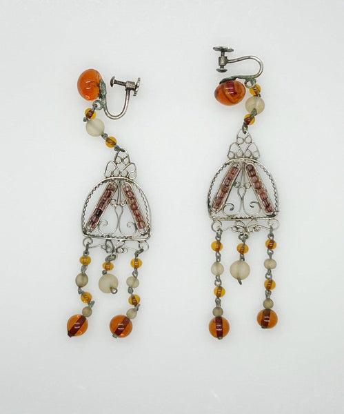 Bohemian Antique Amber Glass and Silver Tone Edwardian Drop Earrings - Lamoree’s Vintage