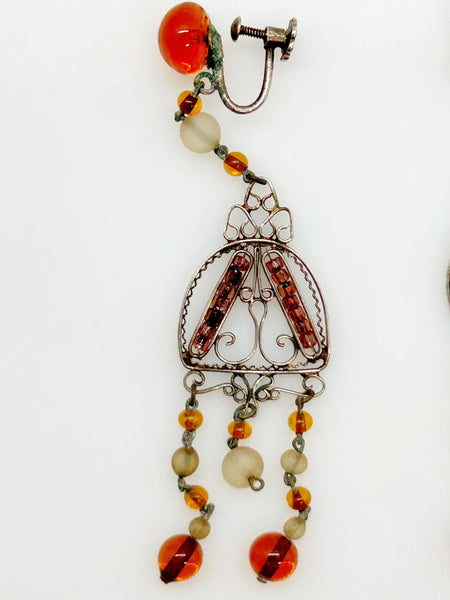 Bohemian Antique Amber Glass and Silver Tone Edwardian Drop Earrings - Lamoree’s Vintage