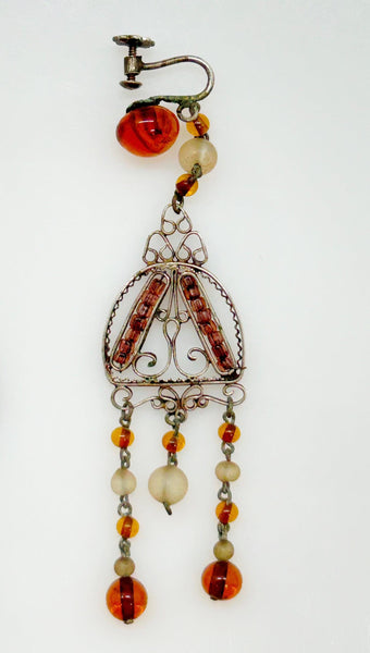 Bohemian Antique Amber Glass and Silver Tone Edwardian Drop Earrings - Lamoree’s Vintage