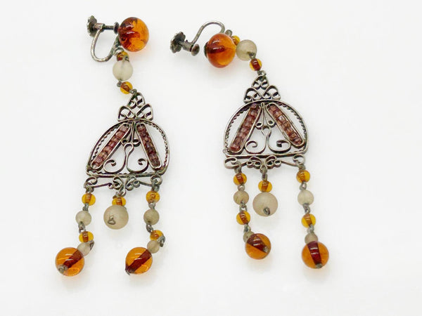 Bohemian Antique Amber Glass and Silver Tone Edwardian Drop Earrings - Lamoree’s Vintage