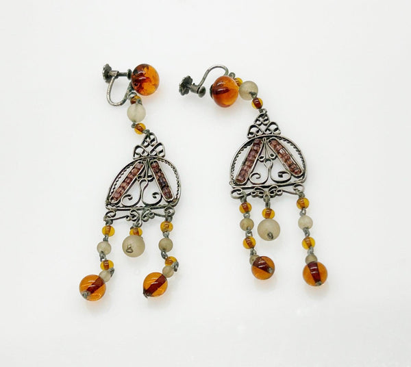 Bohemian Antique Amber Glass and Silver Tone Edwardian Drop Earrings - Lamoree’s Vintage