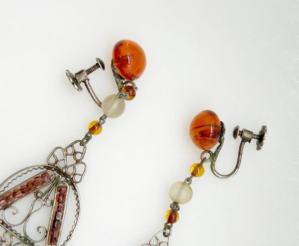 Bohemian Antique Amber Glass and Silver Tone Edwardian Drop Earrings - Lamoree’s Vintage