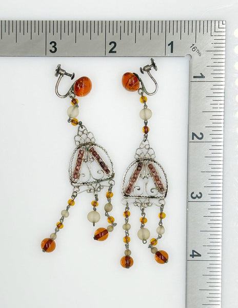 Bohemian Antique Amber Glass and Silver Tone Edwardian Drop Earrings - Lamoree’s Vintage