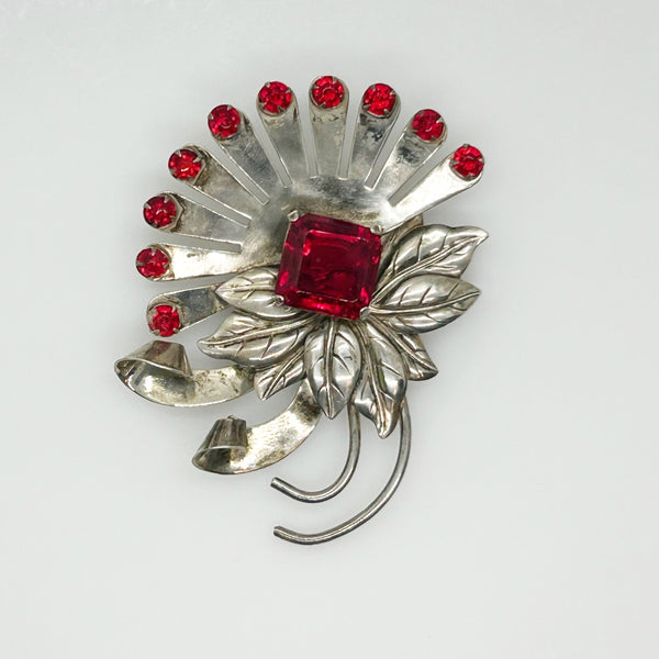 Vintage Brookraft Sterling Silver & Red Brooch