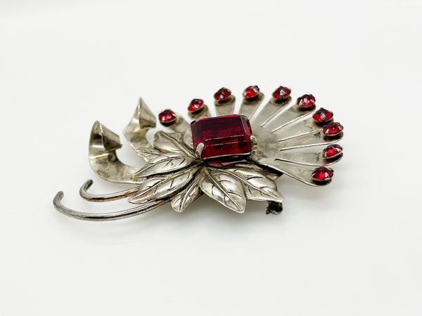 Vintage Brookraft Sterling Silver & Red Brooch