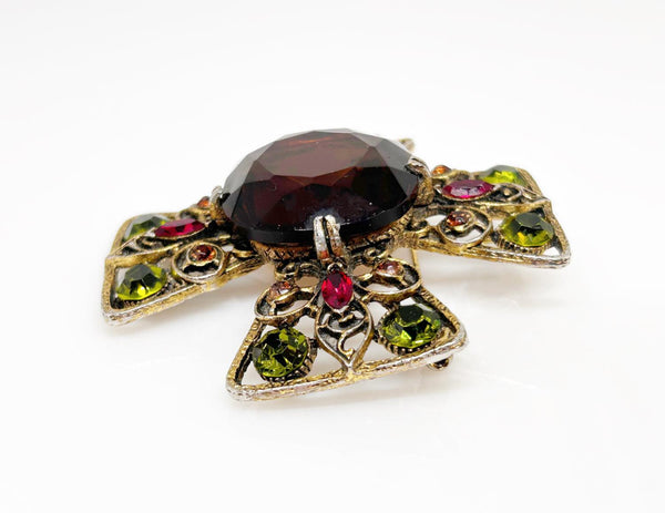 Smoked Brown, Olivine Green and Red Capri Cross Brooch