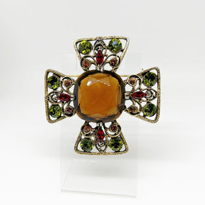 Smoked Brown, Olivine Green and Red Capri Cross Brooch