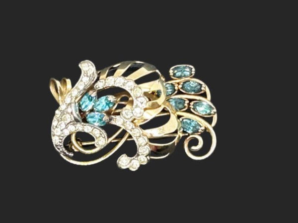 Charles Reis Vintage 12k Gold Filled Brooch Pin with Clear and Blue Rhinestones - Lamoree’s Vintage