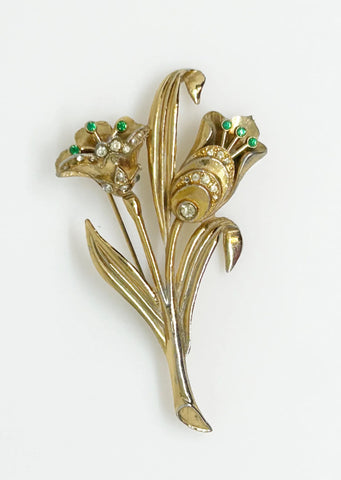 Vintage Deco Coro Double Tulip Green Rhinestone Trembler Brooch